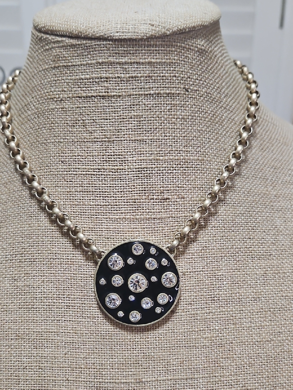 Silver-Tone Necklace with Black Disc and Crystal Accents